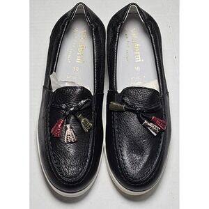 Vitaform Black Leather Tassel Loafers Slip On Low Wedge Shoes Womens 7.5/38 NEW